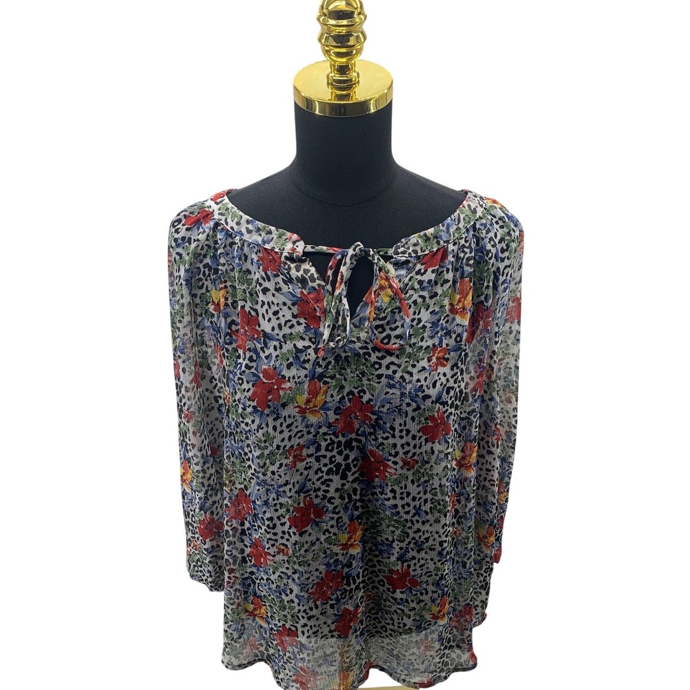 ALYX Womens Leopard Floral Print Tie Neck Sheer Blouse Top Multicolor Size L